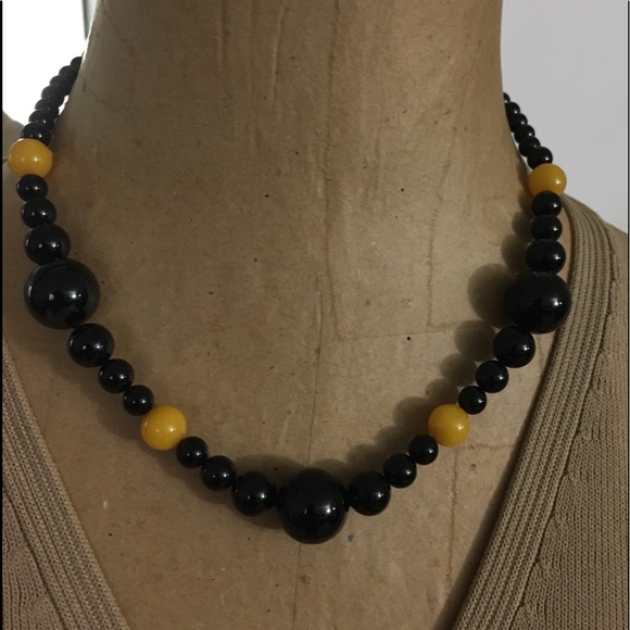 Natural Genuine Yellow & Black Onyx Beaded Necklace 925 Clasp 18.25” long